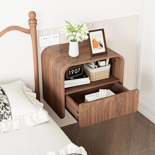 Floating Nightstand Set of 2, Wall Mounted Nightstand with Drawer | Bedside Table, Small Night Stand, with Open Storage Shelf, for Bedroom, Modern, Walnut