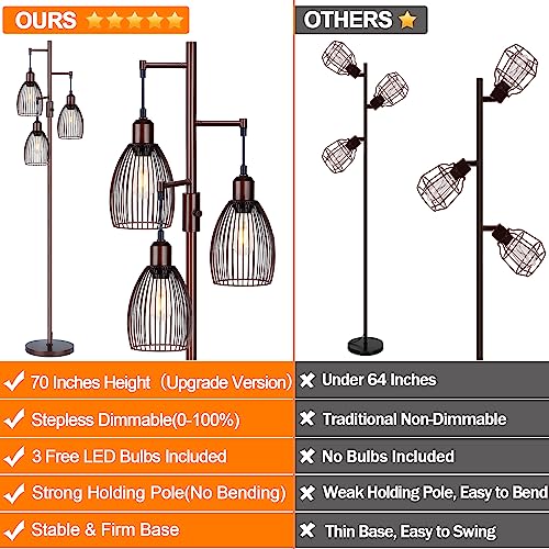 Torondo Dimmable Floor Lamp, Industrial Floor Lamps for Living Room, Brown Tree Lamp Standing Lamp Tall Lamps with 3 Elegant Teardrop Cage Head & 800 Lumens LED Bulbs for Living Room Bedroom Office - color: Brown-70 inches