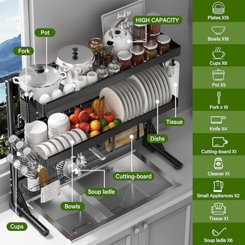 Over Sink Dish Drying Rack, 3-Tier Full Stainless Steel Drainer Dish Rack Adjustable 20.9''-37.4'', Expandable Multifunctional Kitchen Organizer - color: Black, size: 3 Tier with Flat Grid