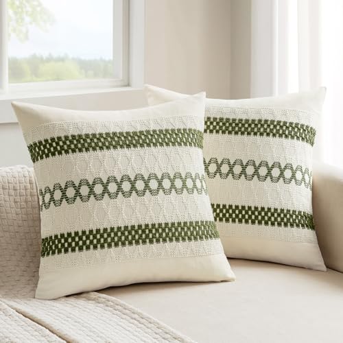 MIULEE Set of 2 Moss Green Boho Decorative Pillow Covers 18x18 Inch | Farmhouse Couch Throw Pillows, Modern Cotton Cushion Covers, Macrame Woven Spring Decor for Bed Sofa Chair - color: Moss Green, size: 18" x 18" (Pack of 2)