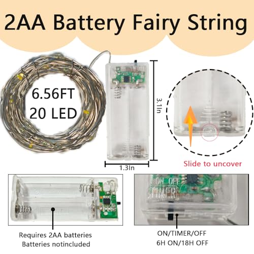 6 Pack Fairy String Lights with Timer, 2AA Battery Operated, IP65 Waterproof, 20 Warm White LED Copper Wire for Indoor Outdoor Decor - size: 6PACK-2AA Battery -6.56FT/20LED-Warm white