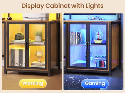 SEDETA L Shaped Gaming Desk with 4 Drawers, 109” Computer Desk with Display Cabinet, Home Office Desks with 2 Monitor Stands, CPU Stand, LED Lights and Power Outlet, Rustic Brown - color: Rustic Brown
