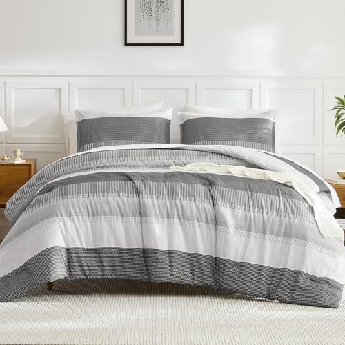 Litanika Queen Comforter Set - 3 Pieces Stripe Bedding Comforter Sets | Dark Grey Men Fluffy Lightweight Soft Colorblock Down Alternative All Season Bed Set - color: Dark Grey, size: Queen