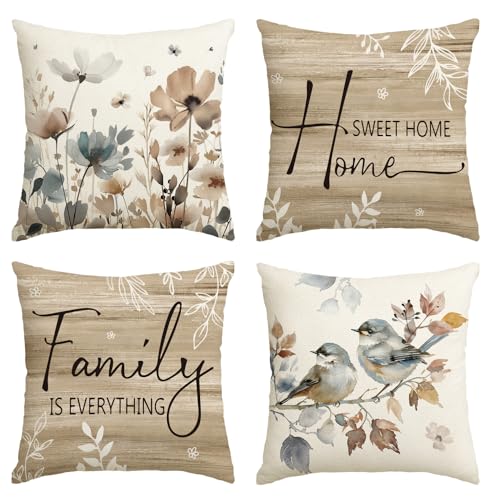 AVOIN colorlife Chinoiserie Poppy Flowers 16x16 Inch Pillow Covers Set of 4 | Chickadee Home Sweet Home Floral Seasonal Autumn Harvest Decoration for Sofa Couch Farmhouse Living Room Decor - size: 16" x 16" (Pack of 4)