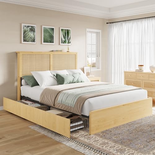Garvee Queen Rattan Bed 4 Drawers Bohemian Headboard for Bedroom | Bohemian queen rattan bed with natural headboard, 4 drawers, LED lights,No box spring needed for bedroom use. - size: Queen(4 Drawers)