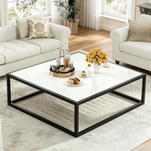 31.5" Square Coffee Table, Mid-Century Modern White Center Table for Living Room, Floor Table for Sitting on The Floor, Wood Cocktail Tea Contemporary Tables with Metal Frame for Office Apartment Home - color: 31.5"d Square White