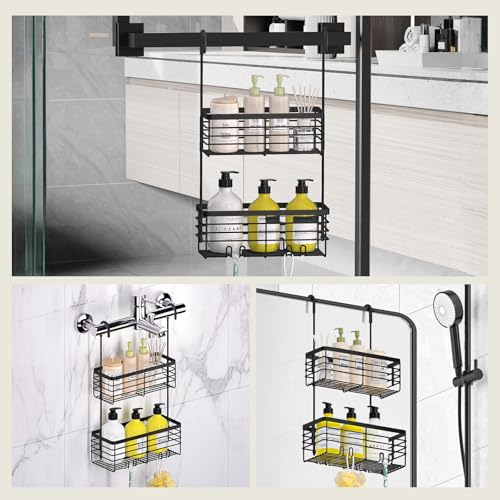 DELLAN 2-Tier Shower Hanging Caddy, Shower Rack with Hooks, Black | Over the Door Stainless Steel Hanging Orangizer and Basket - color: Black, size: 2-Tier 11"D x 4.7"W x 4.1"H