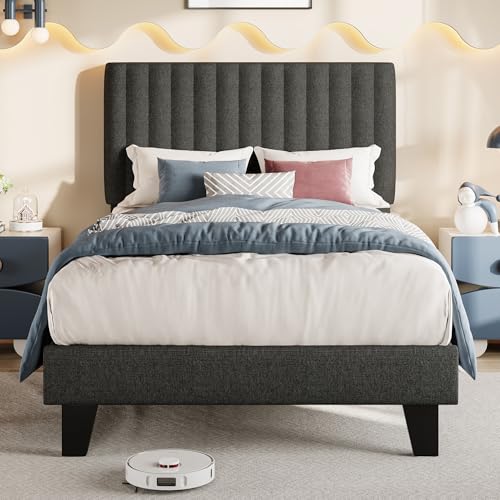 Einhomn Twin Size Bed Frame with Headboard, Upholstered Linen Platform Bedframe with Solid Wooden Slats, Noise-Free, No Box Spring Needed, Easy Assembly, Dark Grey - color: Dark Grey, size: Twin