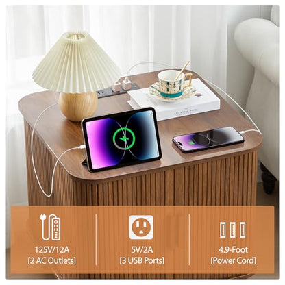 24" Modern End Table with Charging Station, Fluted Side Table,Walnut | Farmhouse Sofa Side Tables Living Room, Mid-Century Wood Nightstand with Sliding Tambour Door & Storage, Wooden End Table - color: Walnut