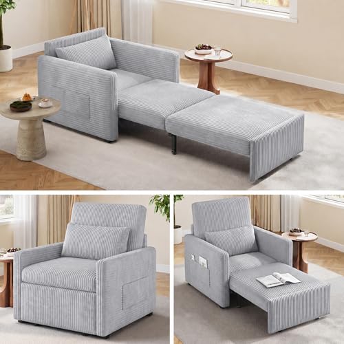 3 in 1 Convertible Sleeper Chair, Corduroy Single Sleeper Sofa Bed for Adults, 75.2" Long Pull Out Chair Bed with Side Pockets for Living Room, Small Place, Gray - color: Grey