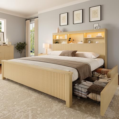 Queen Size Bed Frame with 4 Storage Drawers, Natural | Metal Platform Bed Frame with Tall Headboard, Queen Bed Frame with LED Lights&Charging Ports, No Box Spring Needed,Noise-Free - color: Natural, size: Queen