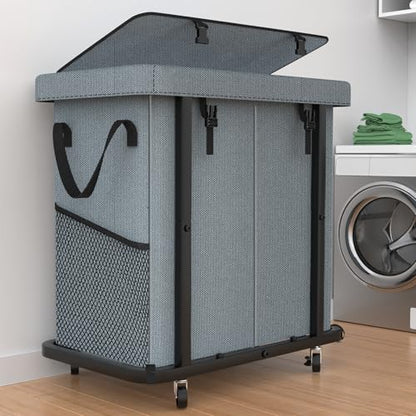 Laundry Basket with Lid,190L Rolling Laundry Hamper with Wheels,Grey | Dirty Clothes Hamper with Metal Frame and Removable Bag Design, Suitable for Laundry Room, Bedroom(2 Section) - color: Grey, size: 2 Section