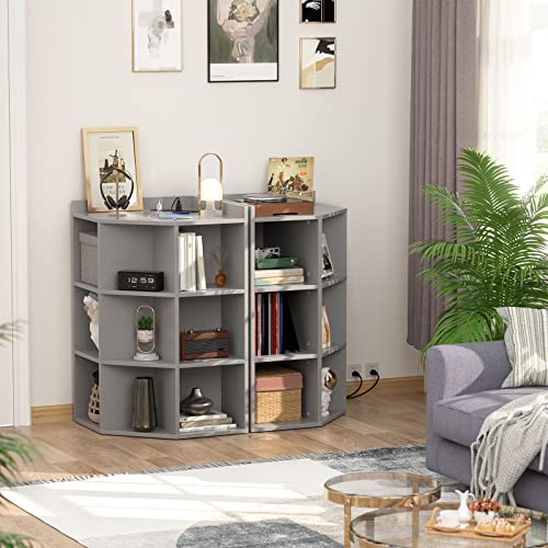 Aheaplus Corner Cabinet, Corner Storage with USB Ports and Outlets, Corners Cube Toy Storage for Small Space, Wooden Corners Cubby Bookshelf with 9 Cubes for Playroom, Bedroom, Living Room, Grey - color: Grey, size: 4-Tier