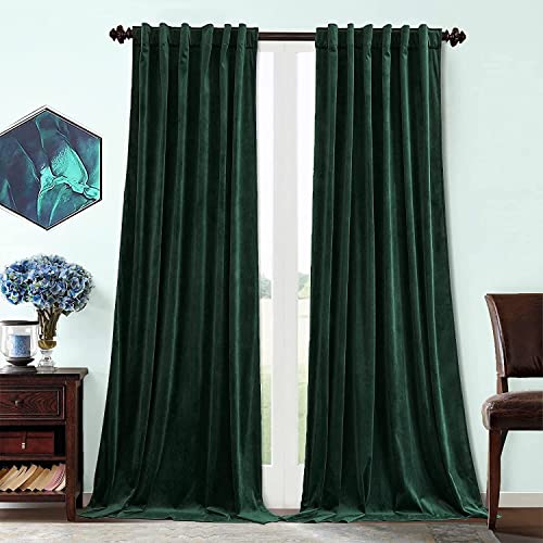 Benedeco Hunter Green Velvet Blackout Curtains 52x84, Back Tab, 2 Panels | Elegant Room Darkening Thermal Insulated Energy Saving Noise Reducing Velvet Window Drapes for Living Room, Bedroom - color: Backtab-dark Green-1, size: 52"W x 84"L (Pack of 2)