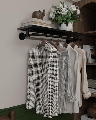 Black Clothes Rack 36in, Wall Mounted Garment Rack with Black Real Wood Shelf, Heavy Duty Hanging Clothes Rack, Multi-Purpose Hanging Rod, Space-Saving Closet Storage - color: Black, size: 1T36IN