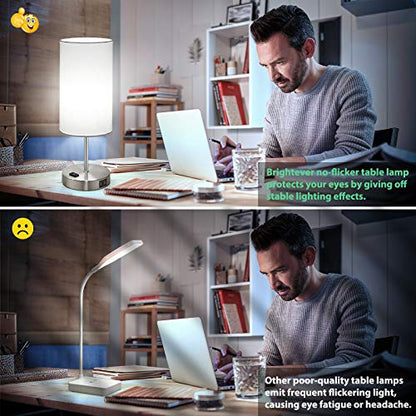 Set of 2 Touch Control Table Lamps with 2 USB Charging Ports&AC Outlet, 3-Way Dimmable Bedside Nightstand Lamps with White Fabric Lampshade for Reading, Bedroom, Living Room, A19 LED Bulbs Included - color: White