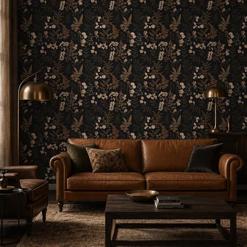 Peel and Stick Wallpaper Dark Vintage Botanical Floral 17.7"x124" | Self-adhesive removable wallpaper for walls, renter-friendly bedrooms, living rooms, powder rooms, and accent walls - color: Black/Brown, size: 17.7" x 124"