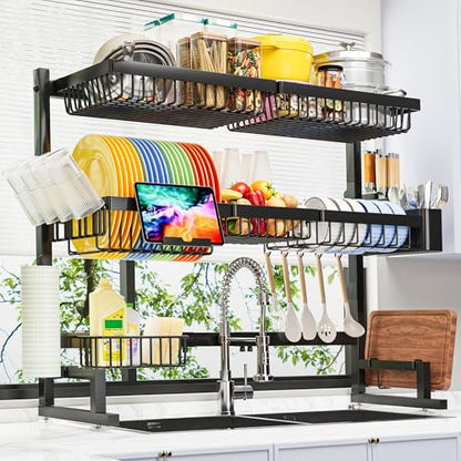 ADBIU Over The Sink Dish Drying Rack (Expandable Height and Length) Snap-On Design 2 Tier Large Dish Rack 31-39.4L x 12W x 34-38H inches - color: Black, size: 31 - 39.4L x 12W x 34 - 38H (inches)