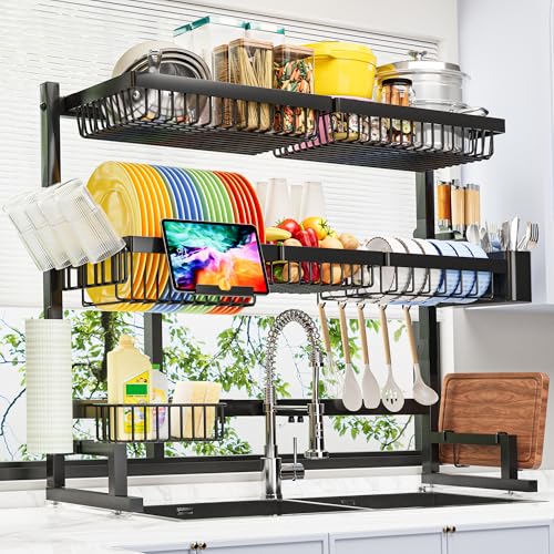 ADBIU Over The Sink Dish Drying Rack (Expandable Height and Length) Snap-On Design 2 Tier Large Dish Rack 31-39.4L x 12W x 34-38H inches - color: Black, size: 31 - 39.4L x 12W x 34 - 38H (inches)