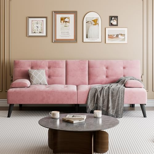 Futon Sofa Bed, Small Convertible Sofa Couch Recliner, 64 in Adjustable Sofa Bed for Living Room, Removable Armrest Pillows, Pink - color: Pink
