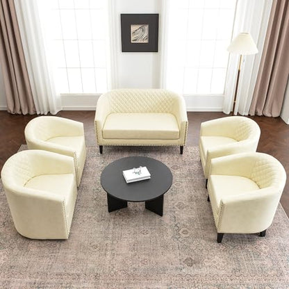 KINWELL 50" Faux Leather Loveseat with 2 Swivel Barrel Accent Chairs, Cream | PU Upholstered Tufted Minimalist 2-Seater Couch Sofa and Set of 2 Vegan Leather Swivel Armchairs for Small Spaces Apartment - color: Cream, style: 2 Chairs + Loveseat