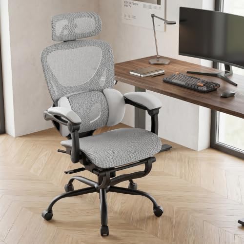 MALOL Ergonomic Mesh Office Chair with Footrest, Executive High Back Computer Desk Chair with 3D Adjustable Headrest & 5-Level Lumbar Support, Track Armrest, Tilt Lock, 300LBS, White - color: White