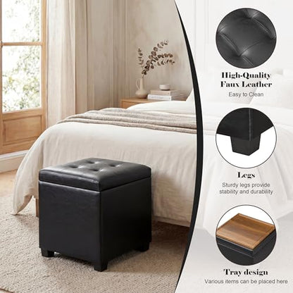 15 inch Square Storage Ottoman with Tray Lid,Modern Tufted Faux Leather Cube Coffee Table with Storage,Upholstered Ottoman with Removable Top for Living Room, Bedroom - color: Faux Leather -Black With Tray