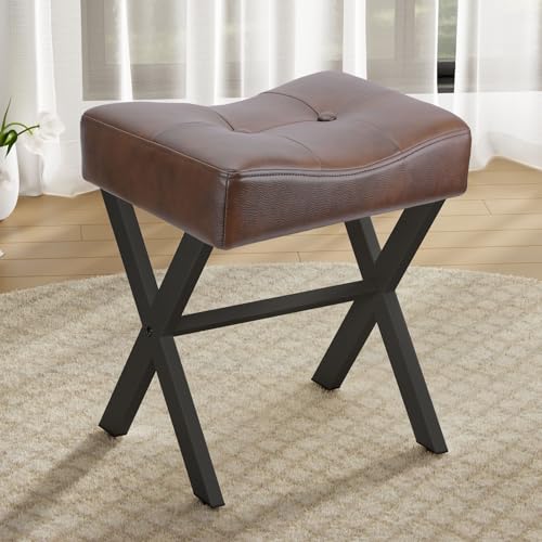 18-Inch Leather Vanity Stool Chair, Dark Brown Makeup Stool | Vanity Bench, Metal X-Leg, Ottoman Accent Stool, Thick Padded Saddle Seat, 300 LBS, 16.3"x12.4"x18", For Bedroom, Closet - size: Small, style: Dark Brown Leather