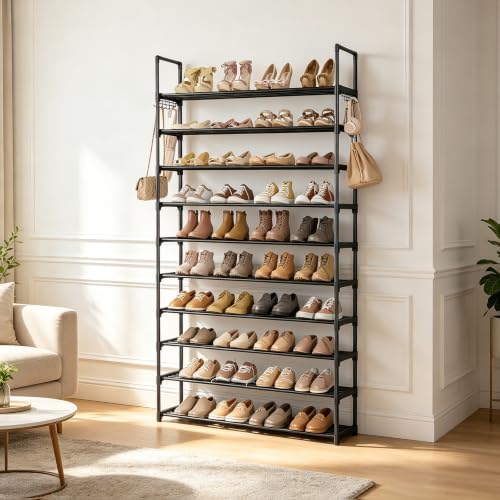 Shoe Rack for Entryway 10-Tiers Large Capacity Metal Shoe Rack Organizer with Two Hooks Holds 40-50 Pairs Shoes and Boots Free Standing Tall Shoe Shelf for Closet/Bedroom/Garage/Hallway Black