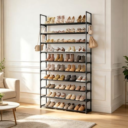 Shoe Rack for Entryway 10-Tiers Large Capacity Metal Shoe Rack Organizer with Two Hooks Holds 40-50 Pairs Shoes and Boots Free Standing Tall Shoe Shelf for Closet/Bedroom/Garage/Hallway Black