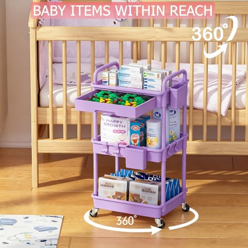 REBECAT 3 Tier Rolling Cart with Drawer, Utility Storage Cart on Wheels for Kitchen, Bathroom, Living Room,Office(Purple) - color: Purple