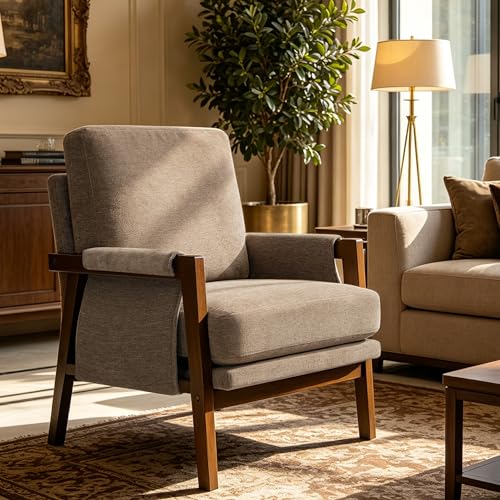 RNKSFX Dark Brown Accent Chair for Bedroom & Living Room, Mid Century Modern Accent Arm Chair, Upholstered Anthropologie Accent Chair with Solid Wood Frame, Fabric - color: Dark Brown