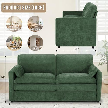 69" Chenille Soft Sofa w/Well-Filled Backrests, Green | Modern Loveseat w/Plump Pillows, 2 Seater Upholstered Couch w/Thick & Comfy Cushions for Living Room, Bedroom - color: Green, size: Loveseat