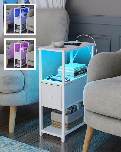 TUTOTAK Small Narrow LED End Table with Charging Station, Set of 2 | Side Table with Outlets, Nightstand with Cloth Drawer, Couch Table for Living Room, Bedroom, White TB01BW059 - color: White, style: 1 Drawer with Plug & Light