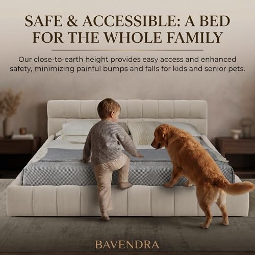 Modern Grounded Chenille Bed Frame, Low Profile Upholstered Platform Bed with Inset Design, No Box Spring Needed, Quiet & Sturdy MDF Wood Foundation, Zero-Gap Cleaning, King, Beige - color: Beige, size: King (U.S. Standard)