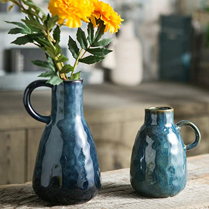 Tanvecle Ceramic Vase Set of 2, Blue Glazed Small Pottery Vases with Handles, Decorative Clay Vase Modern Farmhouse Decor, Centerpiece Dining Table Decorations Porcelain