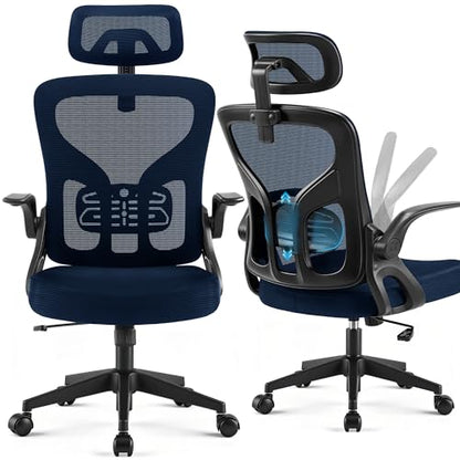 Office Chair Ergonomic Desk Chair with Adjustable Headrest Lumbar Support, High Back Breathable Mesh Chair with 120° Tilt & Flip-Up Armrests, Swivel Comfy Task Computer Chair for Work, Study - color: Navy