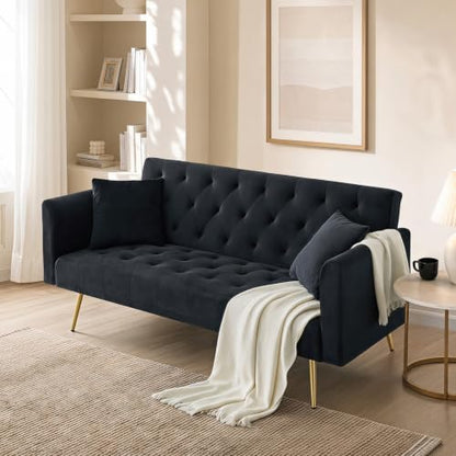 71" Modern Velvet Sofa Bed Futon, Convertible Sleeper Couch, Adj. Backrest (Black-Velvet) - color: Black-velvet