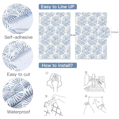 Safiyya Wallpaper Peel and Stick Blue and White Contact Paper 118"x17.3" Modern Boho Geometric Wall Paper Waterproof Self Adhesive Removable Vinyl Wallpaper for Bathroom Bedroom - color: Blue, size: 17.3" x 118"