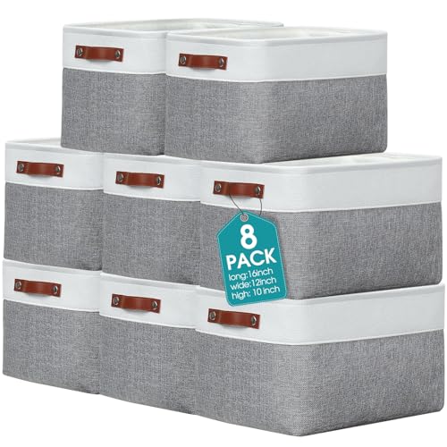 Uiifan 8 Pack 16 x 12 x 10 Inch Large Storage Baskets Collapsible Fabric Storage Cubes Bins with Handles for Shelves Closets Nursery Home Clothes Toys Organizers, Gray - color: Gray, size: 16 x 12 x 10 Inch