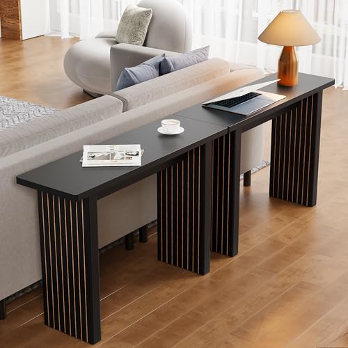 Mid Century Narrow Entryway Console Table, 43.3" Fluted Wood Couch Table Behind Sofa Long and Skinny for Living Room Hallway Entrance Foyer, Black - color: Black