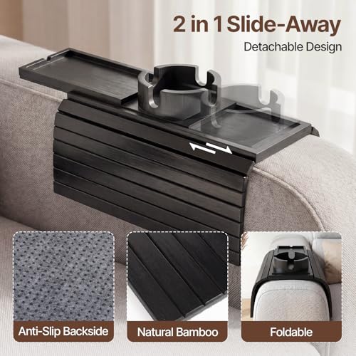 Bamboo Sofa Armrest Tray, Foldable Couch Arm Tray Side Table, 2 in 1 Anti-Falling Armrest Tables Cup Holder for Snacks, Drinks, Beers, Phone, Control, Flexible and Portable, Anti-Slip, (Black) - color: Black