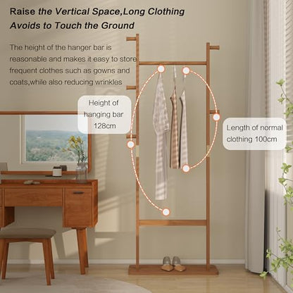 Solid Wood Coat Rack Freestanding, 71" Heavy Duty Clothes Rack with Dual Rods & Hooks, Stable Space Saving Hall Tree Entryway Organizer for Bedroom, Living Room (Natural) - color: Natural