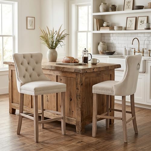 Modern Velvet Upholstered Bar Stools Set of 2 with Wood Legs, Button Tufted,Chrome Nailhead, Counterstool Seat, Armless Bar Chairs (Beige) - color: Beige, size: Set of 2