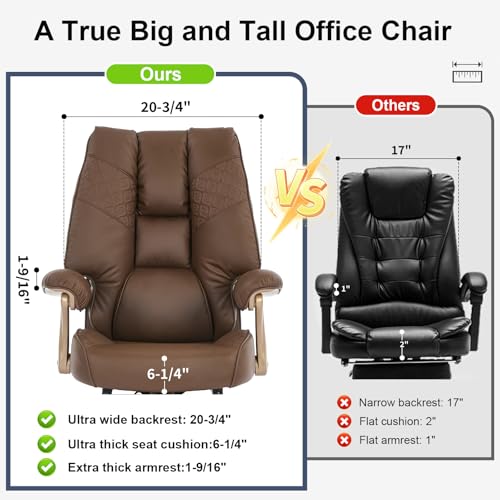 EXCEBET Big and Tall Executive Office Chair with Footrest, 400LBS Capacity Ergonomic High-Back Desk Office Chair with Lumbar Support, Padded Armrests & Thick Cushion, Brown PU Leather Chairs - color: Brown