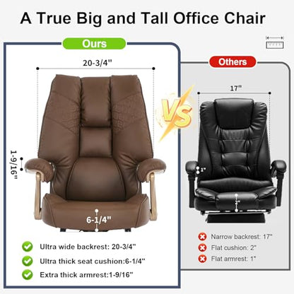 EXCEBET Big and Tall Executive Office Chair with Footrest, 400LBS Capacity Ergonomic High-Back Desk Office Chair with Lumbar Support, Padded Armrests & Thick Cushion, Brown PU Leather Chairs - color: Brown