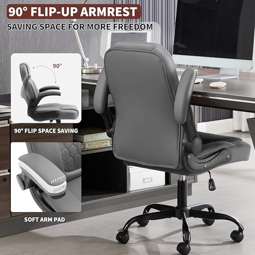PU Leather Office Chair Swivel Lumbar Support for Short People Grey | Executive Office Chair PU,Leather Office Chair with Wheels,360° Swivel Rolling Chair with Padded Arm,Ergonomic Computer Chair - color: Grey
