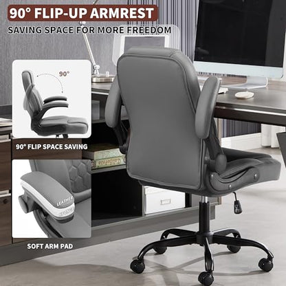 PU Leather Office Chair Swivel Lumbar Support for Short People Grey | Executive Office Chair PU,Leather Office Chair with Wheels,360° Swivel Rolling Chair with Padded Arm,Ergonomic Computer Chair - color: Grey