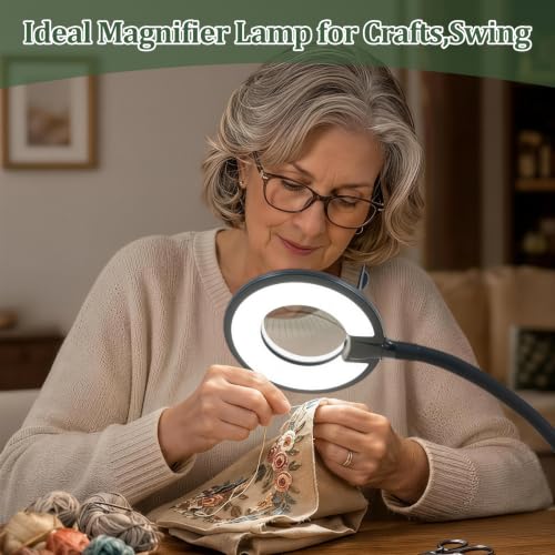 3X+6X Magnifying Glass with Light and Stand, Dimmable LED Magnifying Lamp | Flexible Gooseneck, Hands Free Magnifier, Magnification Lamp for Elderly Craft Hobby Painting Sewing Close Work,Weighted Base - color: Black