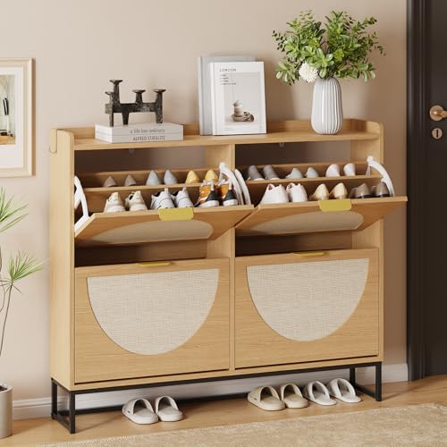 LOUVIXA Narrow Shoe Storage Cabinet, Freestanding Shoe Cabinet Organizer for Entryway, Hallway (Rattan Color)